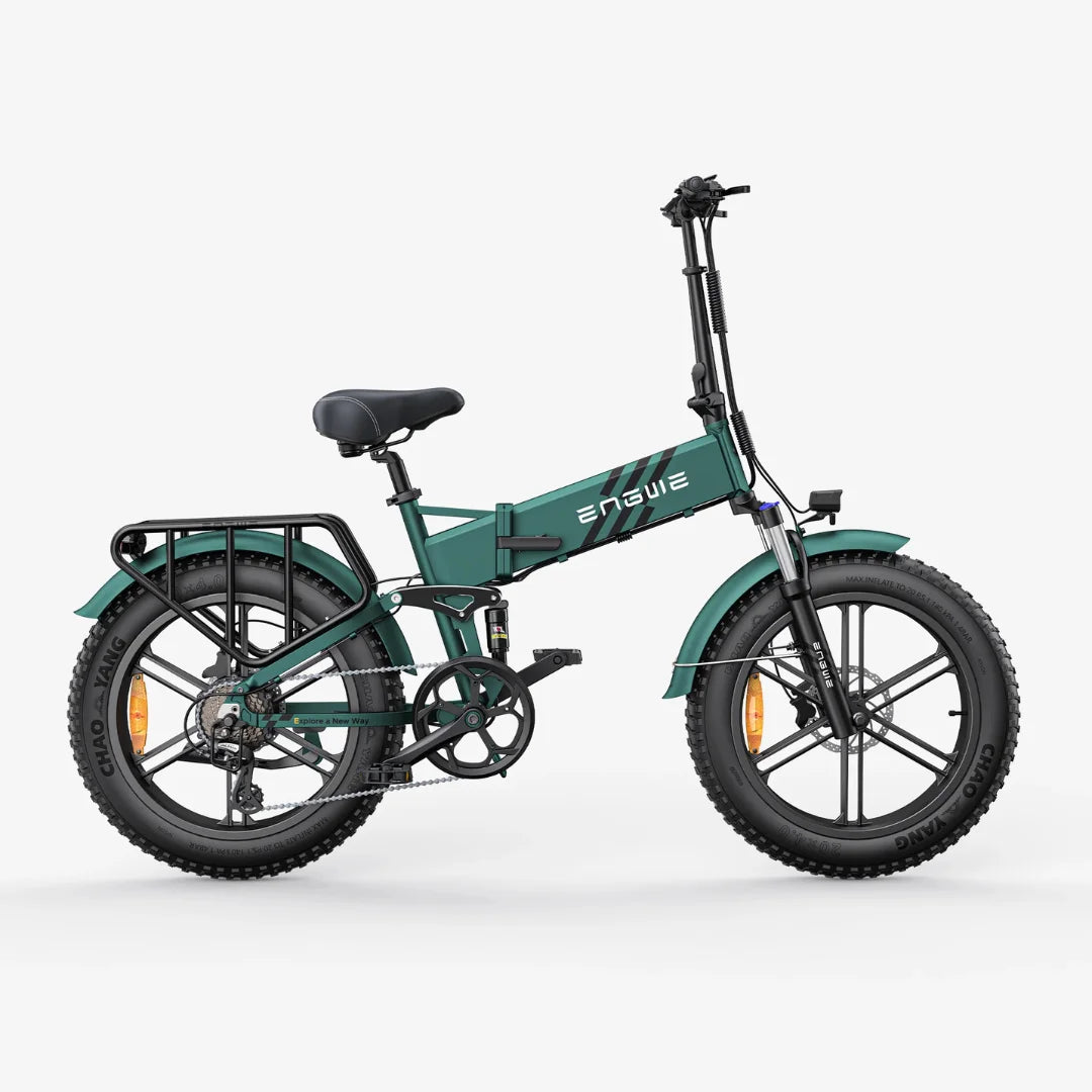 Električno kolo Engwe Engine Pro 2.0 v zeleni barvi, z debelimi pnevmatikami in kompaktno zasnovo.