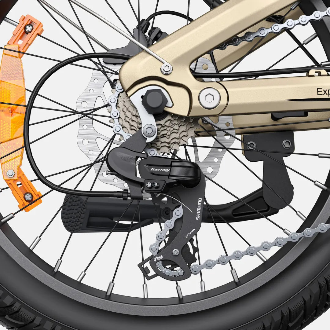 Izdelek je električno kolo, znamke Engwe, model L20 3.0 Pro. Na sliki je prikazan zadnji del kolesa, kjer so vidni menjalnik Shimano, veriga, zavorni disk in del okvirja v zlati barvi. Kolo ima tudi reflektorje za večjo vidnost.