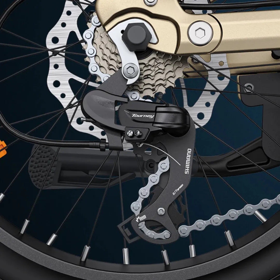 Izdelek je električno kolo, znamke Engwe, model L20 3.0 Pro. Na sliki je prikazan del zadnjega kolesa, kjer so vidni menjalnik Shimano Tourney ter veriga, kar nakazuje na mehanizem za prestavljanje. Kolo je zasnovano za udobno in učinkovito vožnjo.