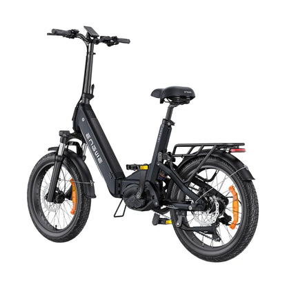 Izdelek je električno kolo, znamke Engwe, model L20 3.0 Pro. Na sliki je prikazano kolo z zložljivo konstrukcijo, kar omogoča enostavno shranjevanje in prenašanje. Ima široka kolesa, močnejši okvir ter električni motor, ki je vgrajen v zadnji del kolesa. Vidni so tudi elementi, kot so sedež, krmilo in zadnji prtljažnik, kar kaže na funkcionalnost in udobje pri vožnji.