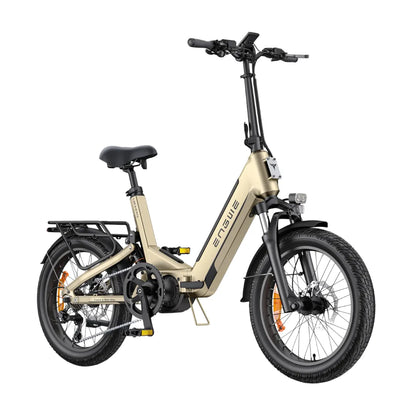 Izdelek je električno kolo, znamke Engwe, model L20 3.0 Pro. Na sliki je vidno električno kolo z zložljivo konstrukcijo, opremljeno s širokimi pnevmatikami, udobnim sedežem in ergonomskimi krmili. Kolo ima tudi nosilec za prtljago in sprednje luči, kar ga naredi primernega za mestno vožnjo. Barva okvirja je svetlo zlata, kar mu daje sodoben videz.