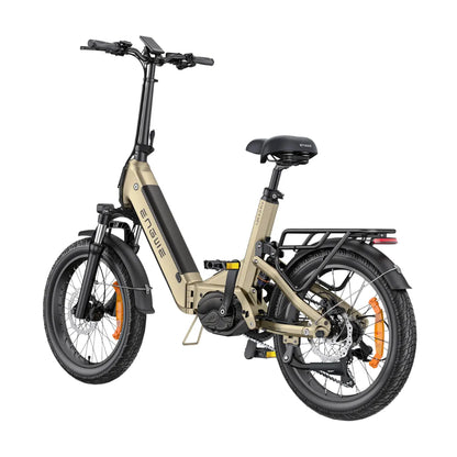 Izdelek na sliki je električno kolo znamke Engwe, model L20 3.0 Pro. Na sliki je vidno zložljivo električno kolo v svetlo bež barvi, ki ima široke gume in robusten okvir. Opremljeno je z udobnim sedežem in nosilcem za prtljago. Krmilo je nastavljivo, kar omogoča prilagoditev višine, na njem pa je tudi zaslon za prikaz informacij o vožnji.