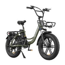Electric Bike Engwe L20 features a stylish green frame, fat tires, and a sturdy rack for added cargo capacity.