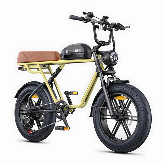 Izdelek na sliki je električno kolo, znamke Engwe, model M1. Kolo ima robustno zasnovo z debelimi pnevmatikami, kar omogoča dobro stabilnost in udobno vožnjo. Na zadnjem delu je nameščen udoben sedež v rjavi barvi, medtem ko je spredaj vidna svetilka in upravljalne ročice. Kolo je zasnovano za mestno vožnjo in nudi praktičnost ter stil.