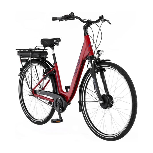 Izdelek na sliki je električno kolo, znamke Fischer, model Cita 1.0. Kolo je v rdeči barvi in ima nizko prečko, kar olajša vstop. Na sliki so vidni tudi prednji in zadnji kolesi, krmilo ter električni motor in baterija, nameščena na zadnjem delu okvirja. Kolo je zasnovano za udobno vožnjo po mestu ali na daljših poteh.