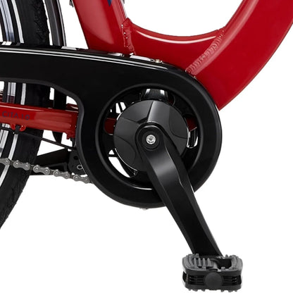 Na sliki je električno kolo znamke Fischer, model Cita 1.0. Vidna je pogonska enota, ki se nahaja v bližini pedalov, ter črn okvir, ki se prepleta z rdečo barvo kolesa. Kolo ima tudi vidne komponente, kot so veriga in pedal, kar nakazuje na njegovo funkcionalnost in zasnovo.