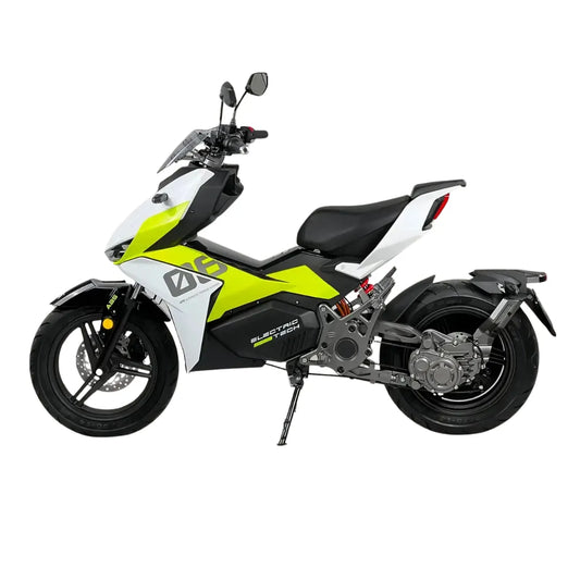 Električni skuter Felo Fw 06 v beli in neonsko rumeni barvi, ki prikazuje sodoben dizajn.