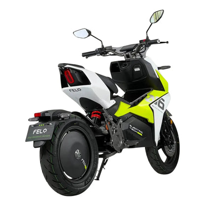 Električni skuter Felo Fw 06 v beli in limetno zeleni barvi, ki prikazuje eleganten dizajn od zadaj.