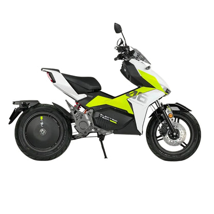 Stranski pogled električnega skuterja Felo Fw 06 v beli in limetno zeleni barvi.