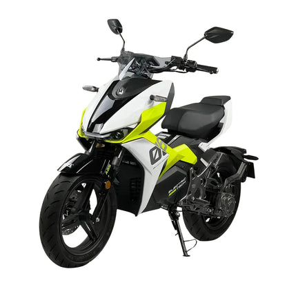 Električni skuter Felo Fw 06 v beli in neonsko rumeni barvi, ki prikazuje eleganten dizajn in moderne funkcije