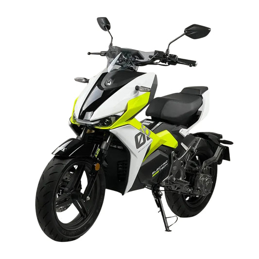 Električni skuter Felo Fw 06 v beli in neonsko rumeni barvi, ki prikazuje eleganten dizajn in moderne funkcije