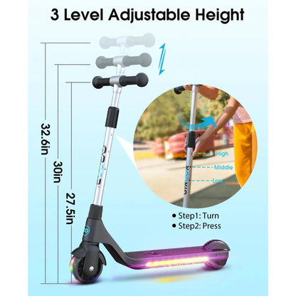 Izdelek na sliki je električni skiro, model Gyroor H30. Na sliki je prikazan skiro z nastavljivo višino krmila, ki omogoča tri različne višinske nastavitve. Vidna je tudi podrobnost, ki prikazuje način prilagajanja višine, ter barvna osvetlitev na kolesih, kar dodaja estetski element.