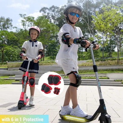 Izdelek na sliki je električni skiro znamke Gyroor, model H30. Na sliki sta prikazana dva otroka, ki se vozita na skirojih v parku. Oba nosita zaščitno opremo, vključno s čeladami in zaščitnimi blazinicami za kolena ter komolce. V ospredju je prikazana tudi zaščitna oprema, ki vključuje različne blazinice.