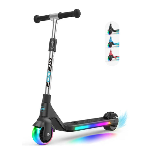 Izdelek na sliki je električni skiro znamke Gyroor, model H30. Na sliki je prikazan skiro s svetlečimi kolesi in barvnimi LED lučmi, ki dodajajo atraktiven videz. Ima ergonomsko oblikovane ročaje in stabilno platformo za vožnjo. V zgornjem desnem kotu so prikazane različne barvne različice skiroja.