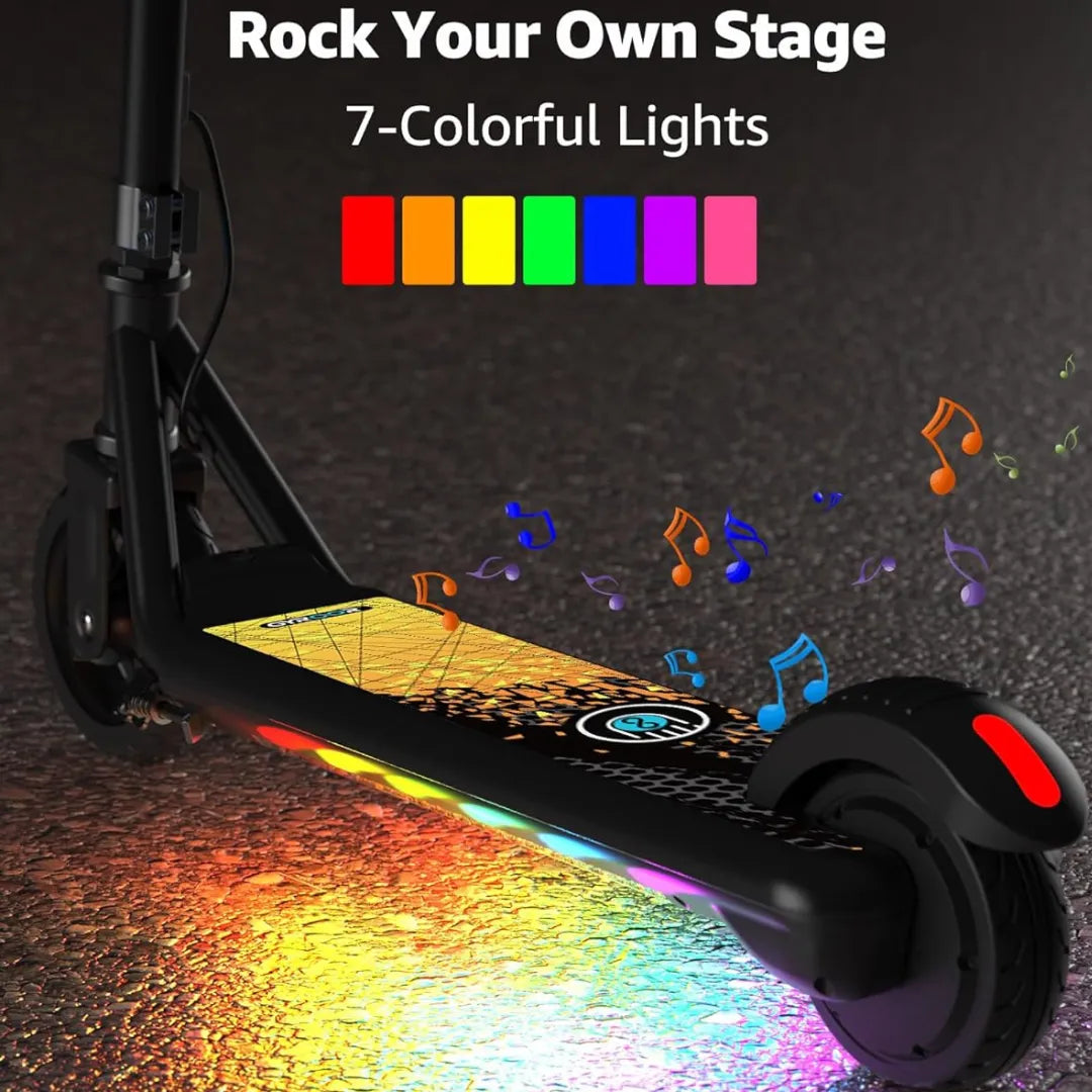 Izdelek je električni skiro, znamke Gyroor, model H30 Max. Na sliki je prikazan skiro s svetlečo površino, ki oddaja sedem različnih barvnih luči. V ozadju so vidne note, kar nakazuje na glasbeno funkcionalnost, ki dopolnjuje barvne učinke.