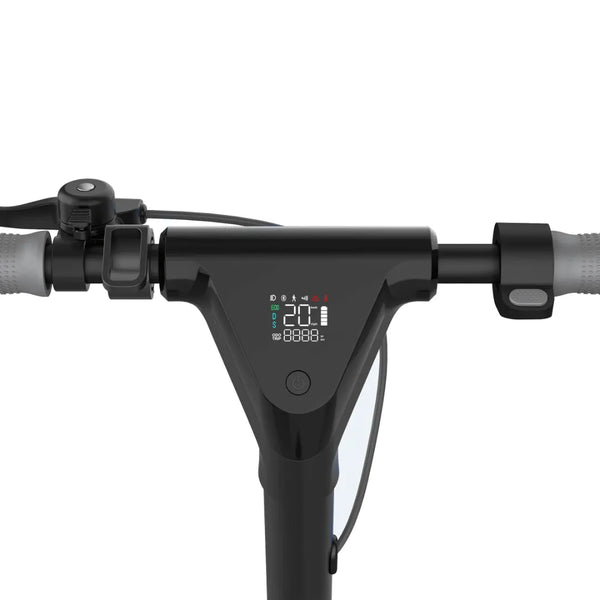 Na sliki je električni skiro znamke Joyor, model Litego. Vidna je krmilo s prikazovalnikom, ki prikazuje hitrost in stanje baterije. Ročaji so obloženi z mehkimi materialom za udobno vožnjo, na desni strani pa je vidna tudi zavorna ročica.