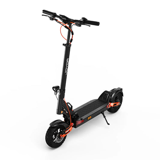 The picture shows a Joyor T6 electric scooter. The product has a black design with bright orange details. The wide tires are visible, suggesting good stability and a comfortable ride. The handlebar is equipped with brake levers and other controls, allowing for easy operation. The scooter is designed for urban riding and offers a practical transportation solution.