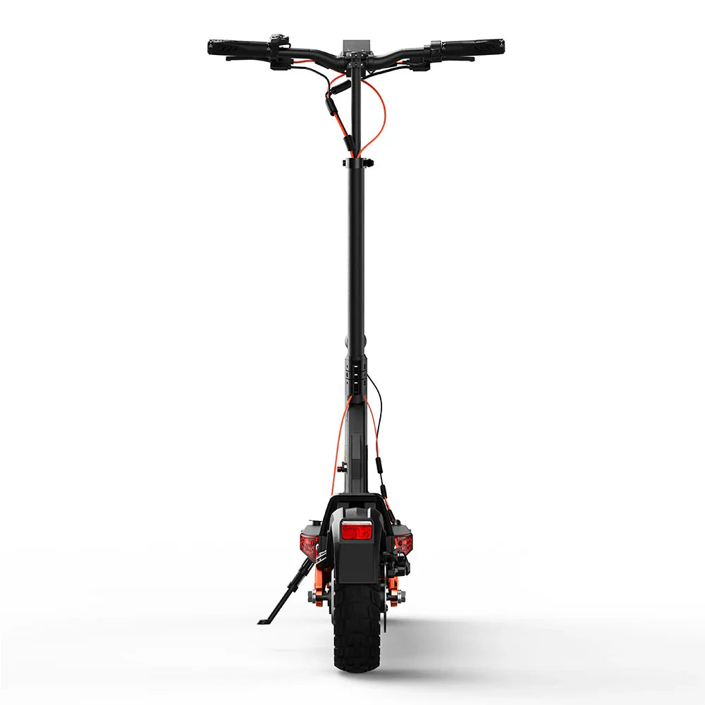 The picture shows the Joyor T6 electric scooter model. The rear of the scooter is visible, which includes wide tires for better stability, and handlebars with grips. The scooter also has lighting elements and cables, indicating an electrical system. The design is modern and robust, which is characteristic of such devices.