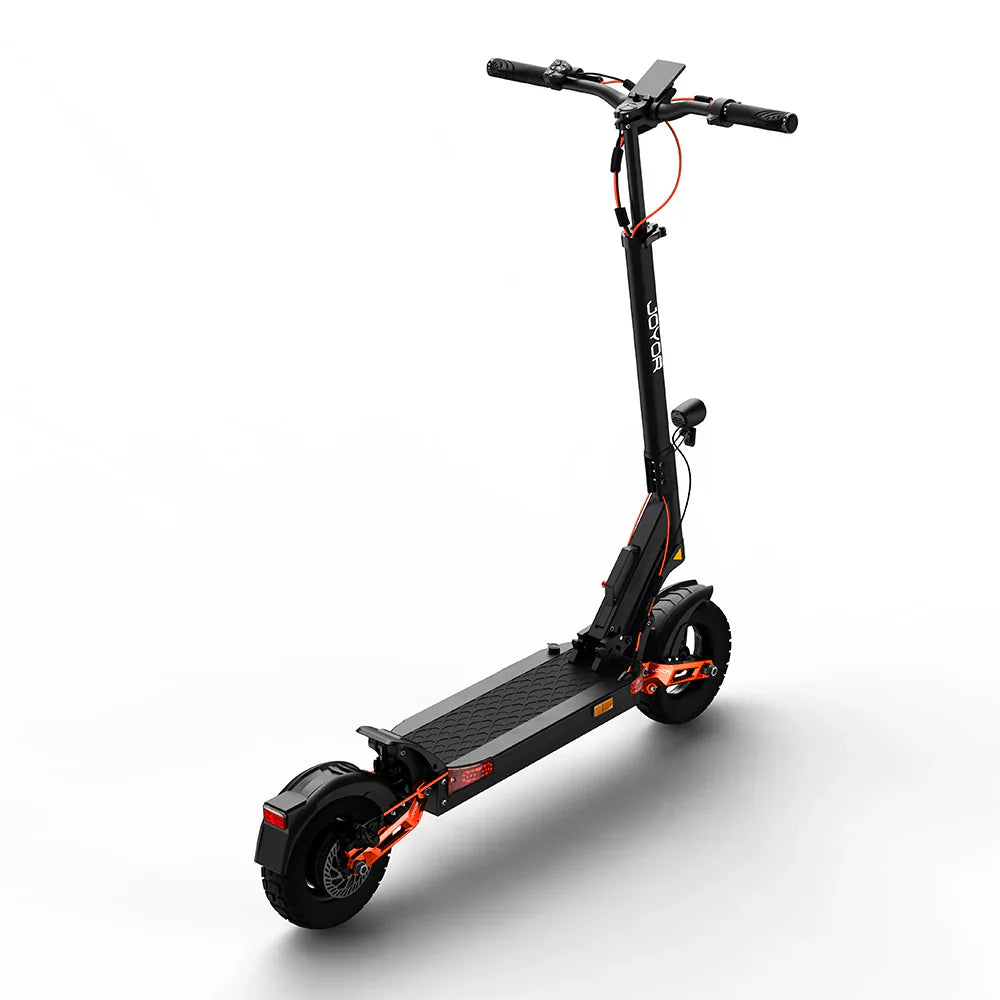 The product in the picture is a Joyor T6 electric scooter. The scooter is shown in black with red details, which include the handlebars and the frame. It has a wide standing deck and large wheels, ensuring stability and comfort while riding. The handlebars are ergonomically designed, allowing for a better grip.