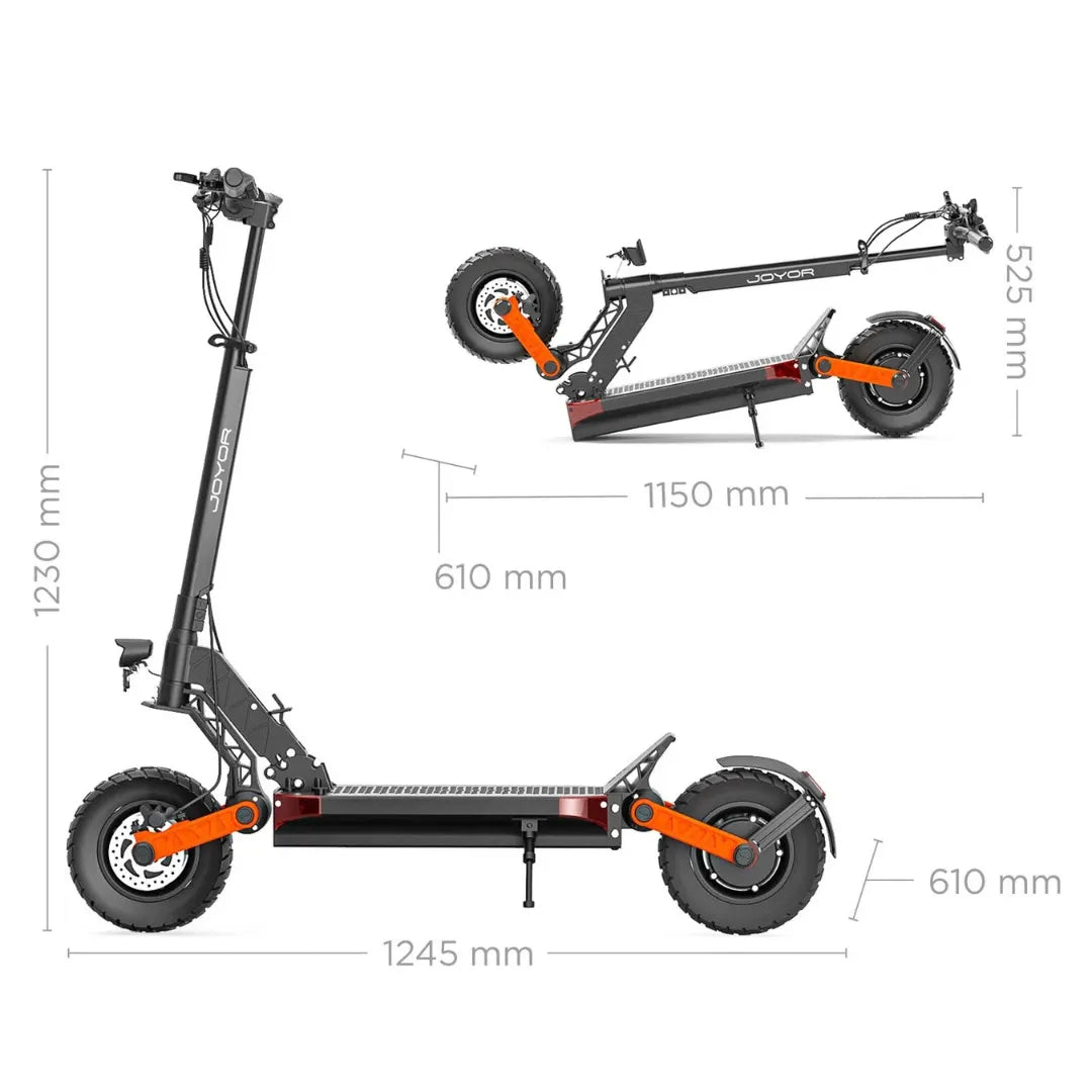 Izdelek na sliki je električni skiro, model Joyor S Pro. Na sliki so prikazane dimenzije skiroja v dveh različnih položajih: pokončnem in zloženem. Skir je opremljen z robustnimi kolesi in ima črno-oranžno barvno kombinacijo. Dimenzije vključujejo višino, širino in dolžino, kar omogoča enostavno oceno velikosti in prenosljivosti.