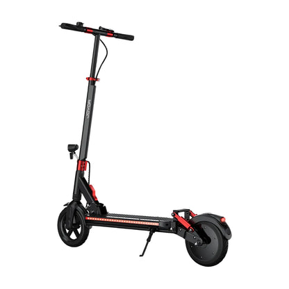 Izdelek je električni skiro, znamke Joyor, model G5. Na sliki je prikazan skiro v črni in rdeči barvi, z ergonomskimi ročaji in široko platformo za stojanje. Ima velike kolesa in je opremljen z LED lučmi, kar omogoča boljšo vidnost med vožnjo. Skuter je zasnovan za udobno in varno vožnjo po urbanih površinah.