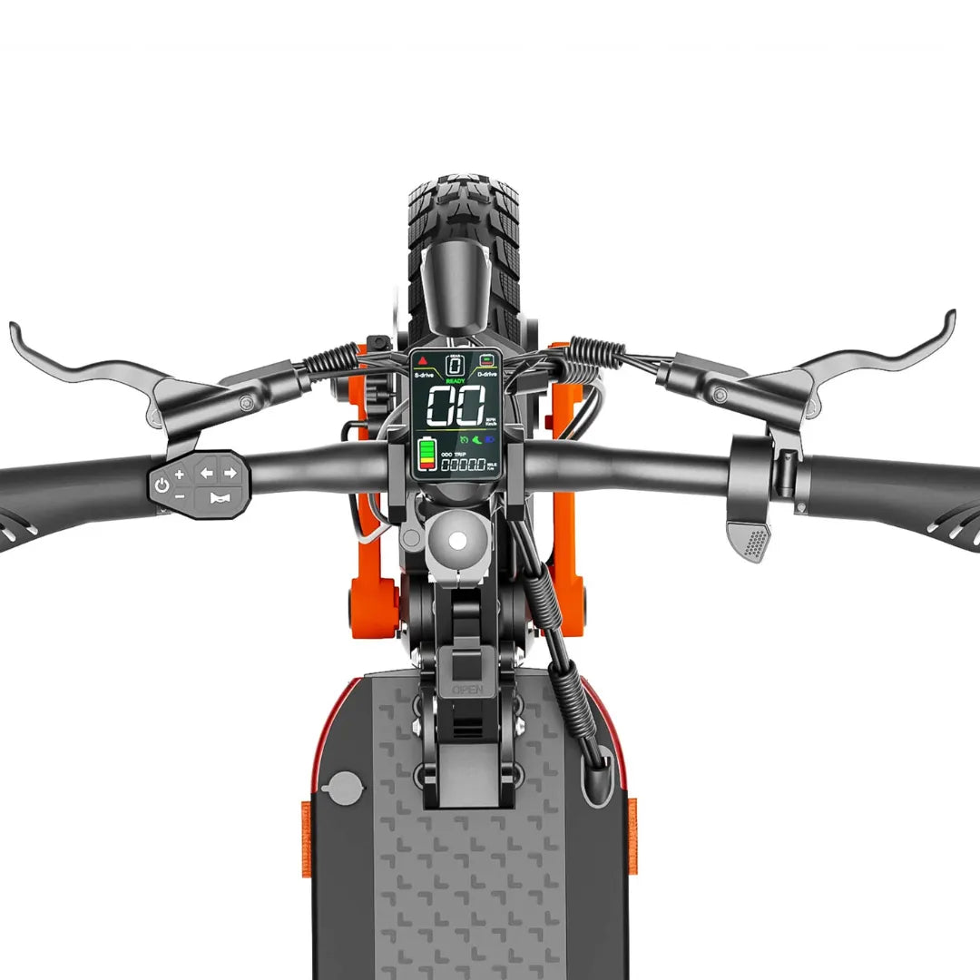 Izdelek je električni skiro, model Joyor S10 S. Na sliki je prikazan nadzorni del skiroja, kjer so vidni krmili, digitalni zaslon ter različni gumbi za upravljanje. Zaslon prikazuje informacije o hitrosti in nivoju baterije. Skuter ima robustne ročice in široke pnevmatike, kar nakazuje na dobro zmogljivost in stabilnost pri vožnji.