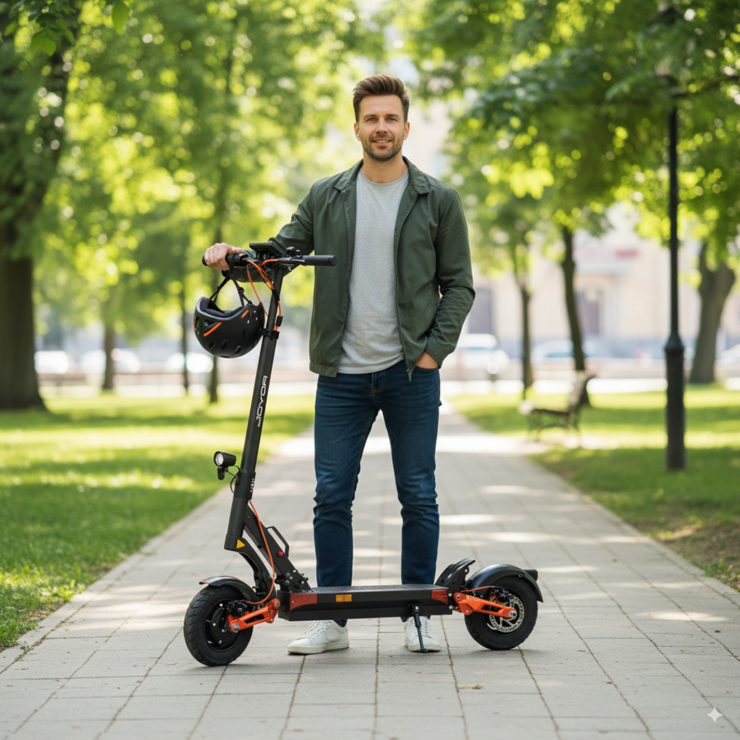 The image shows a Joyor electric scooter, model T10. It depicts a man standing next to the scooter in a park, dressed in casual clothes. There is also a helmet on the scooter, which indicates safety equipment. He is surrounded by trees and a paved footpath, giving the impression of a pleasant environment for a ride.