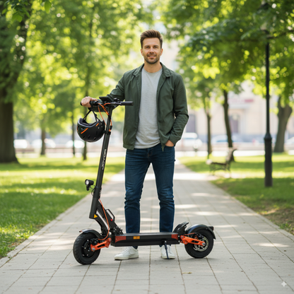 Na sliki je električni skiro znamke Joyor, model T10. Prikazuje moškega, ki stoji ob skiroju v parku, oblečenega v sproščeno obleko. Na skiroju je tudi čelada, kar nakazuje na varnostno opremo. Okoli njega so drevesa in urejen pešpot, kar daje občutek prijetnega okolja za vožnjo.