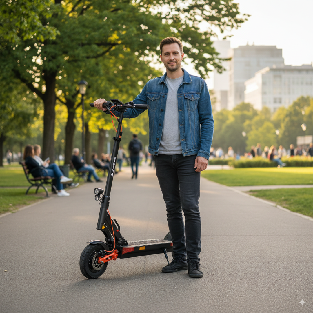 The image shows a Joyor electric scooter, model T10. A person is standing on a walking path in a park, holding the scooter, surrounded by greenery and people enjoying their leisure time. The carefully designed scooter has black and orange details and is equipped with lights.