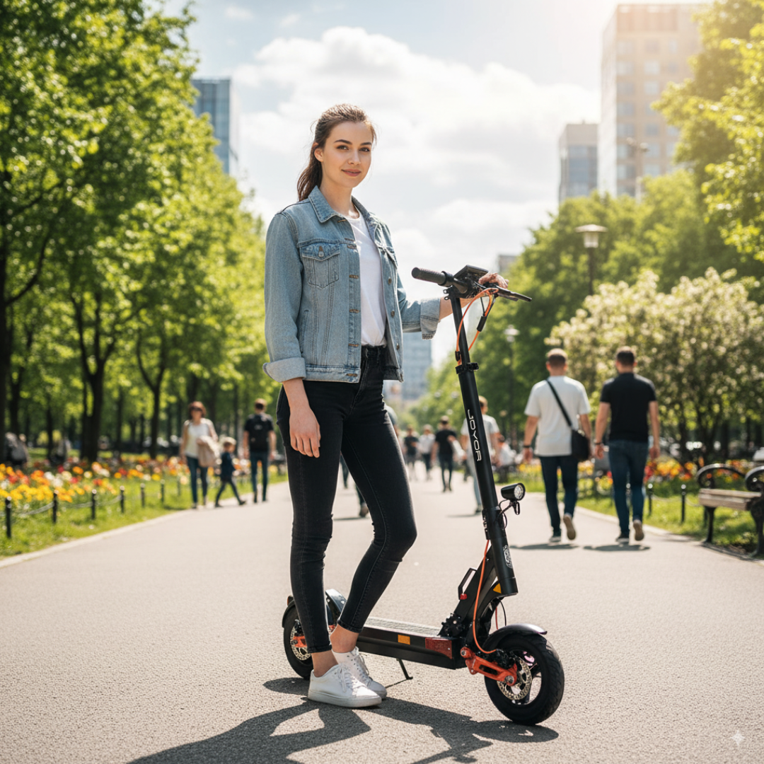 The picture shows a Joyor T6 electric scooter. A young woman is standing next to the scooter in a park, surrounded by greenery and people walking by. Flowerbeds and modern urban architecture are also visible in the background.