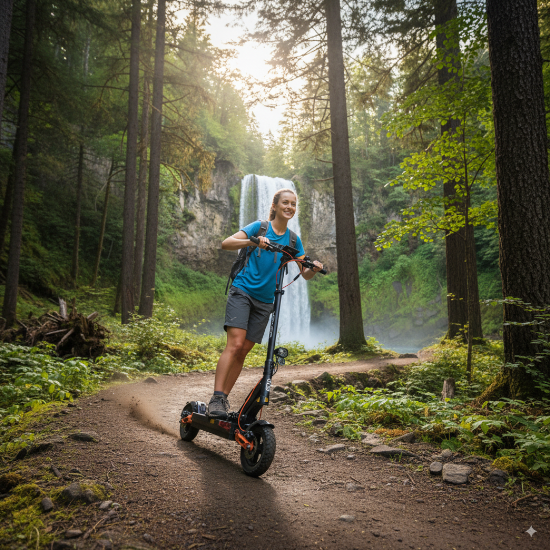 The product is a Joyor T6 electric scooter. The picture shows a person riding the scooter on a forest path, surrounded by nature, with a waterfall in the background. The person is smiling and wearing a backpack, which suggests spending free time actively in nature.