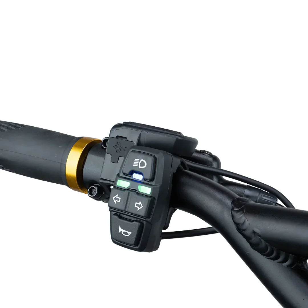 Na sliki je prikazan električni skiro, model Kaabo Mantis King GT. Vidni so ročaji in nadzorni gumbi na krmilu, ki vključujejo različne funkcije, kot so luči in smerniki. Zasnova je moderna, s poudarkom na funkcionalnosti in udobju pri vožnji.