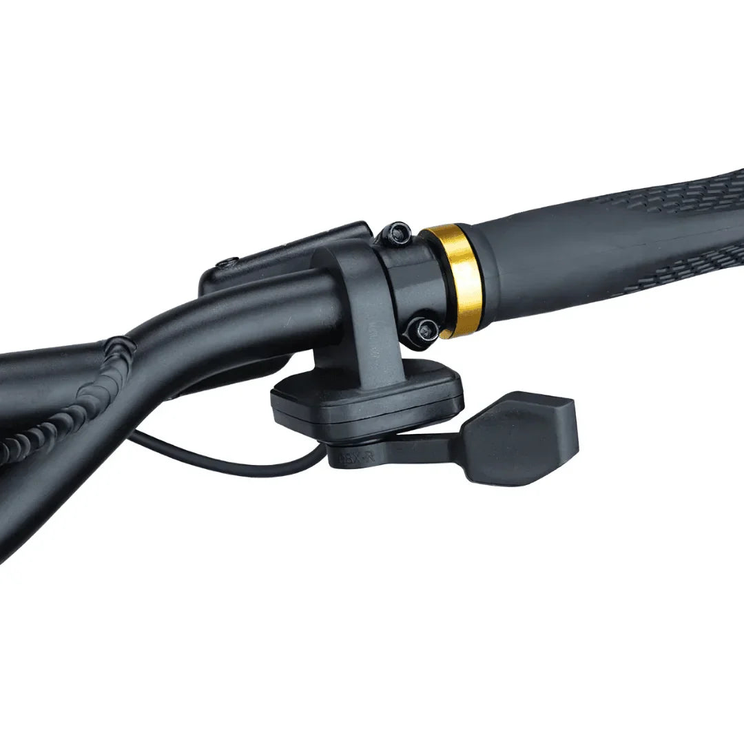 Izdelek je električni skiro znamke Kaabo, model Mantis King GT. Na sliki je prikazan del krmila, ki vključuje gumbe za upravljanje in del opreme, ki omogoča enostavno upravljanje skiroja. Barvna kombinacija je črna z zlatimi detajli, kar daje izdelku sodoben videz.