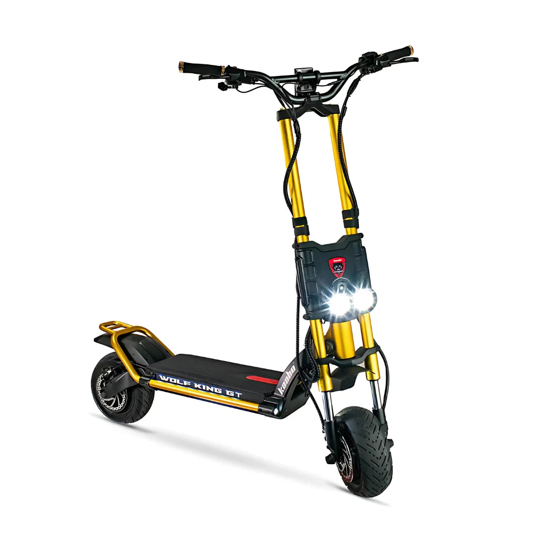 Električni skiro Kaabo Wolf King GT Pro v črno-rumeni barvi z dvojnimi žarometi.
