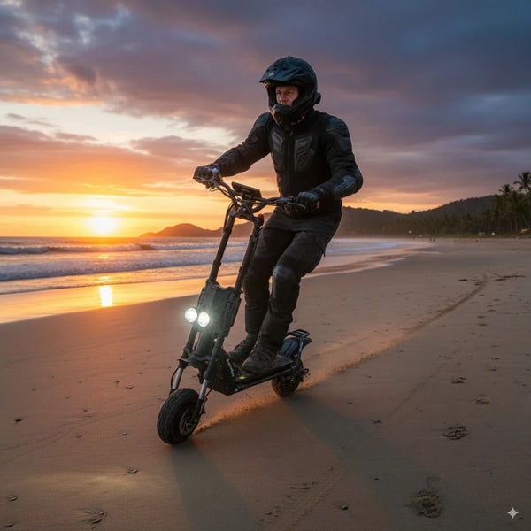 Na sliki je električni skiro znamke Kaabo, model Wolf King GTR. Na skiroju vozi oseba, oblečena v zaščitno opremo, na plaži ob sončnem zahodu. V ozadju so valovi in palmami ob obali, kar ustvarja sproščujočo in dinamično vzdušje. Skrbno zasnovan skiro ima sprednji luči, kar nakazuje na njegovo uporabo tudi v slabših svetlobnih pogojih.