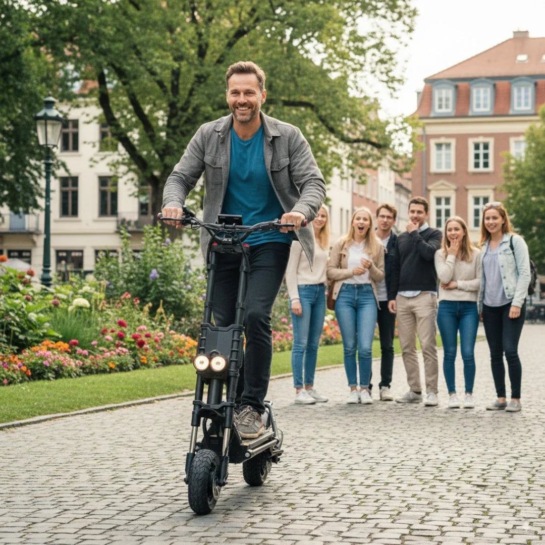 Na sliki je električni skiro znamke Kaabo, model Wolf King GTR. Prikazuje moškega, ki se vozi po urejeni poti v parku, obdanem z rožami in drevesi. V ozadju so skupina ljudi, ki opazuje in se smeji. Atmosfera je sproščena in prijetna, kar daje občutek zabave in uživanja v vožnji.