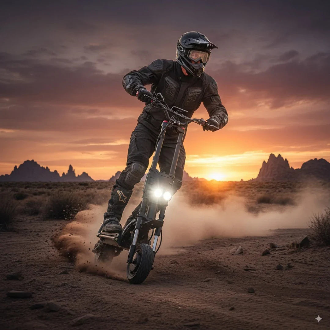 Na sliki je električni skiro, model Kaabo Wolf King GTR. Vidimo voznika, oblečenega v zaščitno opremo, ki se vozi po peskani površini ob sončnem zahodu. Skuter ima sprednji luči in je zasnovan za vožnjo po zahtevnejših terenih, kar je razvidno iz okolice in načina vožnje.