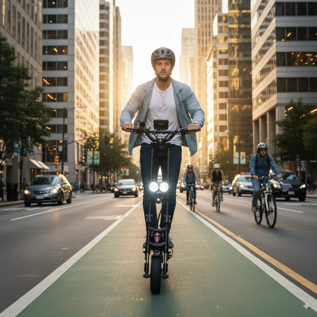 Na sliki je prikazan električni skiro, model Kaabo Wolf Warrior X Plus. Uporabnik vozi skiro po mestni ulici, obdan z visokimi stavbami in drugimi udeleženci v prometu, vključno s kolesarji in avtomobili. Na skiroju so vidne močne sprednje luči, uporabnik pa nosi čelado, kar kaže na zavedanje o varnosti med vožnjo.