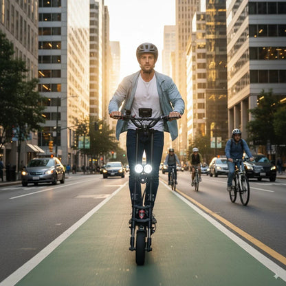 Na sliki je prikazan električni skiro, model Kaabo Wolf Warrior X Plus. Uporabnik vozi skiro po mestni ulici, obdan z visokimi stavbami in drugimi udeleženci v prometu, vključno s kolesarji in avtomobili. Na skiroju so vidne močne sprednje luči, uporabnik pa nosi čelado, kar kaže na zavedanje o varnosti med vožnjo.