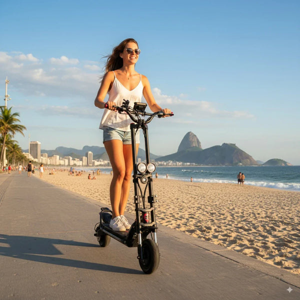 Na sliki je električni skiro znamke Kaabo, model Wolf Warrior X Plus. Vidimo mlado žensko, ki se vozi po obali, obdanem s palmami in plažo. V ozadju so gore in modro nebo, kar ustvarja sproščeno vzdušje. Skrbno je izbrala poletno obleko in sončna očala, kar nakazuje na prijetno vreme.