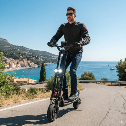 Izdelek na sliki je električni skiro, model Kaabo Wolf Warrior X Plus. Na sliki je moški, ki vozi skiro po ovinkasti cesti ob morju, z obalo in mestom v ozadju. Vidne so tudi svetilke na skiroju ter lepo vreme s sončnim nebom.