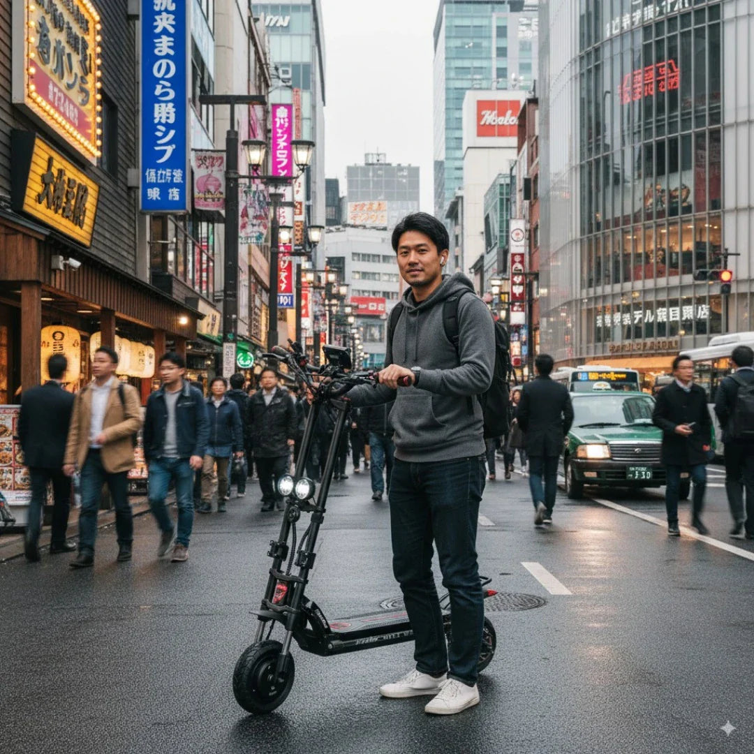 Na sliki je električni skiro znamke Kaabo, model Wolf Warrior X Plus. Na sliki je moški, ki stoji ob skiroju na mestni ulici, obdani z ljudmi in stavbami. Skuter ima robustno zasnovo, opremljen je z dvema sprednjima lučema in širokim stojalom. V ozadju so vidne mestne znamenitosti in promet.