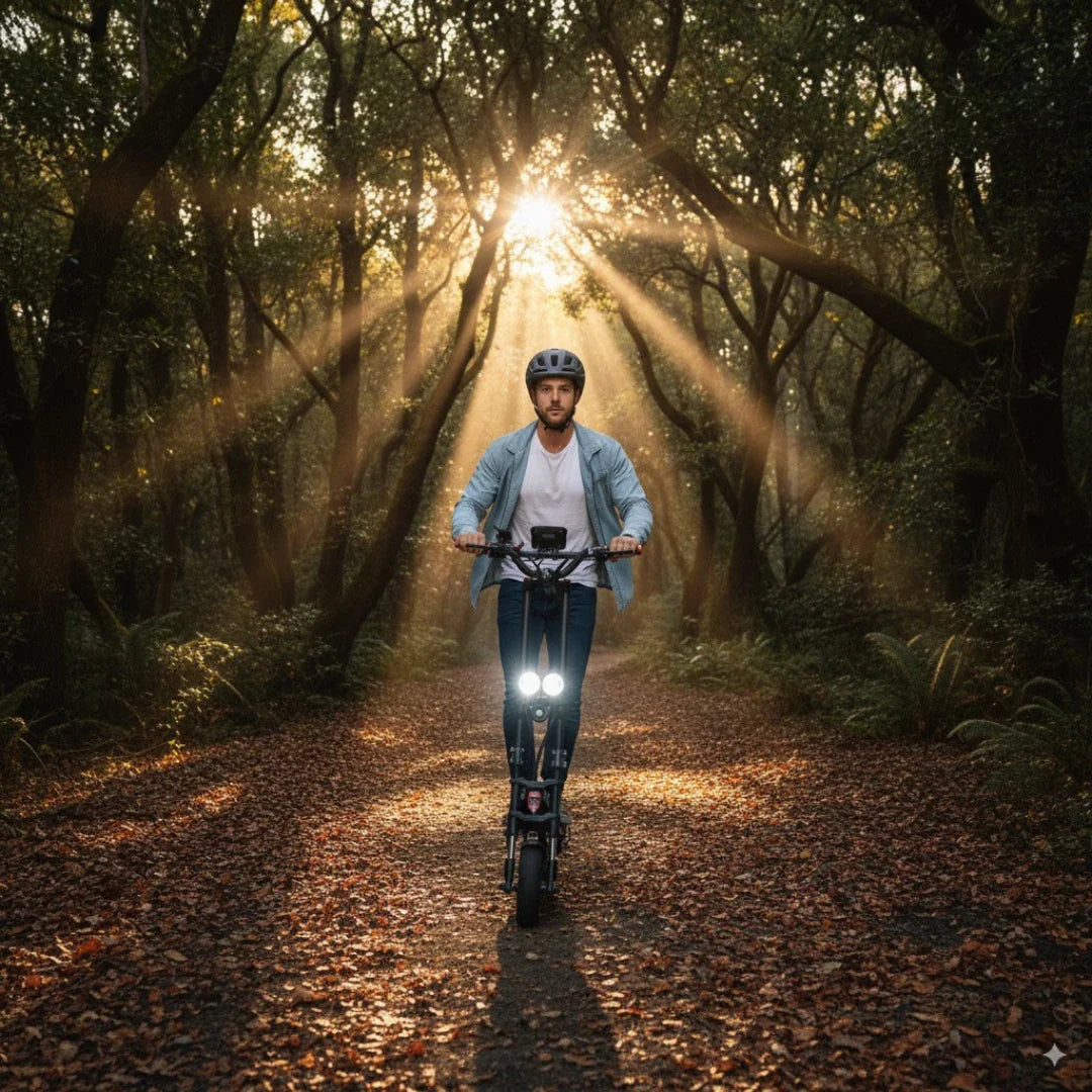 Na sliki je prikazan električni skiro znamke Kaabo, model Wolf Warrior X Plus. Oseba na skiroju se vozi po gozdni poti, obdani z drevesi, medtem ko sončni žarki prodrejo skozi krošnje in ustvarjajo čarobno vzdušje. Oseba nosi čelado in se zdi pripravljena na vožnjo v naravi.