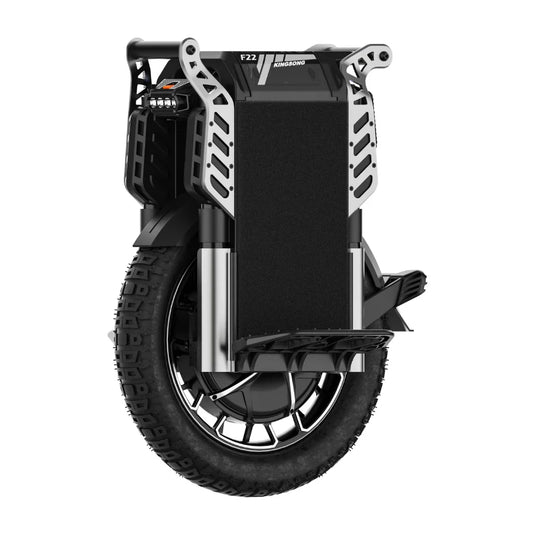 Izdelek na sliki je električni monocikel, model Kingsong F22 Pro. Na sliki je prikazan sprednji del monocikla, ki vključuje široko pnevmatiko in robustno konstrukcijo. Vidni so tudi zaščitni elementi in platforma za stopala, kar nakazuje na stabilnost in udobje med vožnjo.