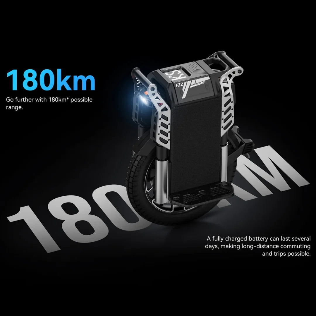 Electric Unicycle Kingsong F22 Pro, features a 180km range, ideal for long-distance commuting and adventures.