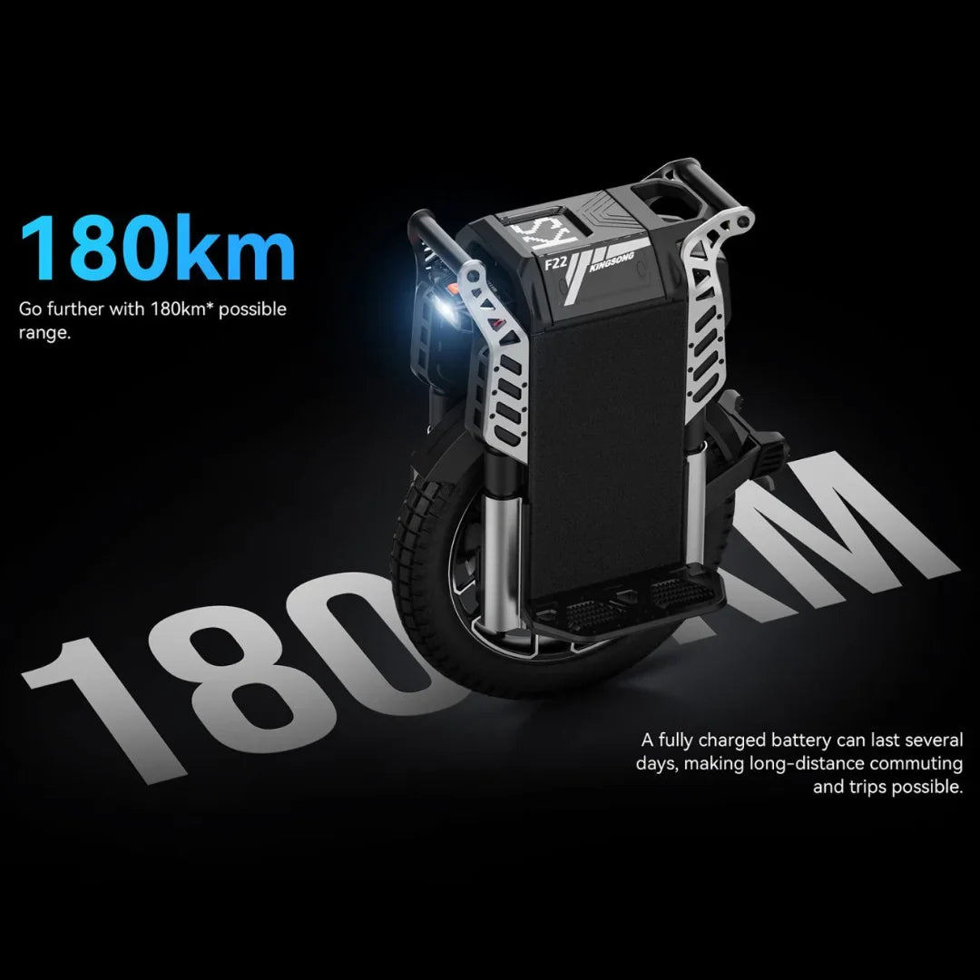 Izdelek na sliki je električni monocikel, model Kingsong F22 Pro. Na sliki je vidna zasnova monocikla, ki vključuje robustno telo, široko kolo in svetilko spredaj. Omenjena je tudi dolžina dosega do 180 km, kar omogoča dolge vožnje in vsakodnevno uporabo.