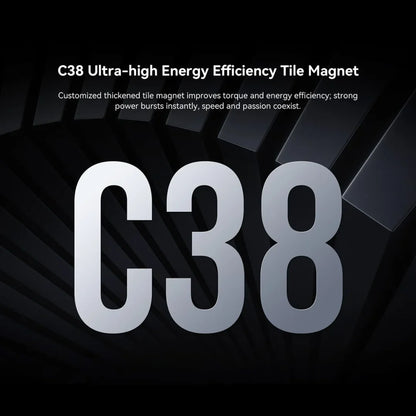 Na sliki je predstavljen električni monocikel, model Kingsong F22 Pro. Vidna je oznaka "C38 Ultra-high Energy Efficiency Tile Magnet", ki se osredotoča na izboljšano učinkovitost in moč. Ozadje je temno z dinamičnimi linijami, kar daje občutek hitrosti in zmogljivosti.