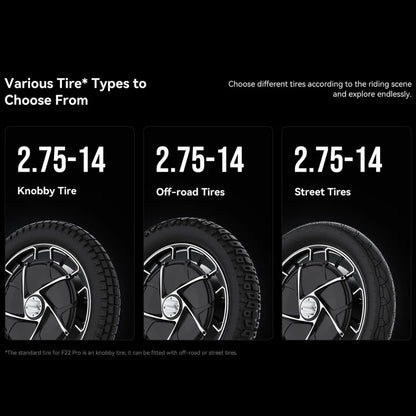 Na sliki je prikazan električni monocikel Kingsong F22 Pro. Vidni so različni tipi pnevmatik, ki jih je mogoče izbrati za ta model: "knobby" pnevmatike, pnevmatike za terensko vožnjo in pnevmatike za mestno vožnjo, vse z dimenzijo 2.75-14. Vsaka pnevmatika je zasnovana za specifične pogoje vožnje.