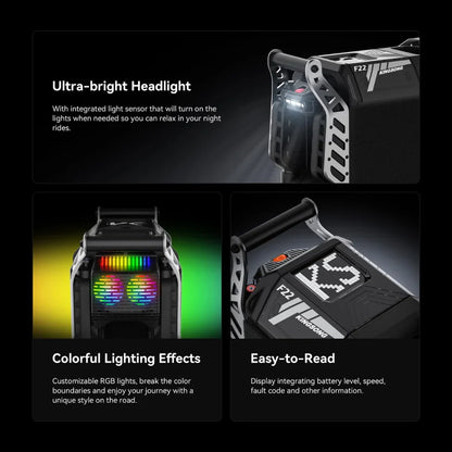 Izdelek je električni monocikel, znamke Kingsong, model F22 Pro. Na sliki so prikazane različne funkcionalnosti, vključno z ultra svetlo sprednjo lučjo, barvnimi svetlobnimi efekti in enostavno berljivim zaslonom, ki prikazuje nivo baterije, hitrost in druge informacije. Monocikel se ponaša s sodobnim dizajnom in prilagodljivimi RGB lučmi, kar omogoča edinstven videz med vožnjo.
