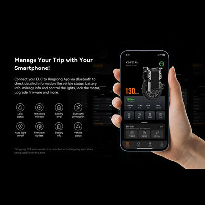 Izdelek na sliki je električni monocikel, model Kingsong F22 Pro. Na sliki je prikazana mobilna aplikacija, ki omogoča upravljanje z monociklom preko Bluetooth povezave. Uporabnik lahko spremlja stanje vozila, nivo baterije, prevoženo razdaljo ter upravlja z različnimi funkcijami, kot so luči in zaklep motorja.